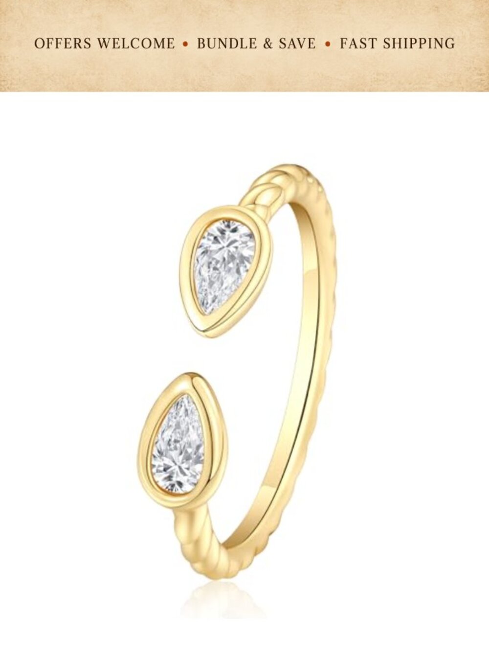 14K Gold Plated Adjustable Open Ring Cubic Zirconia Teardrop Band